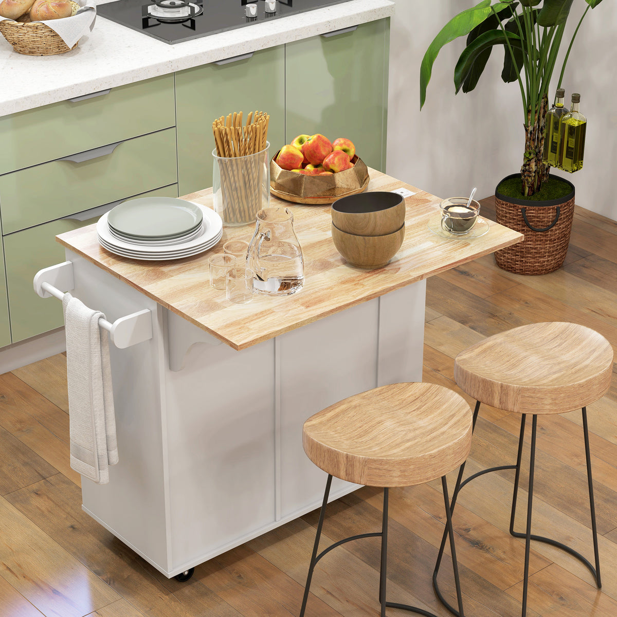 Kitchen Island with Power Outlet and Drop Leaf, Rolling Kitchen Cart with 2 Drawers and Adjustable Shelves, White