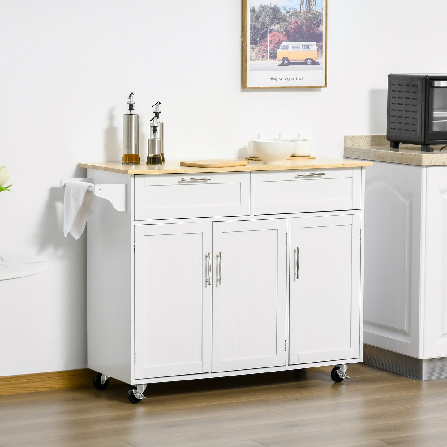 48" Kitchen Island with Storage and Solid Wood Top, Rolling Kitchen Cart on Wheels with 2 Storage Drawers, 3 Doors and Towel Rack for Dining Room, White