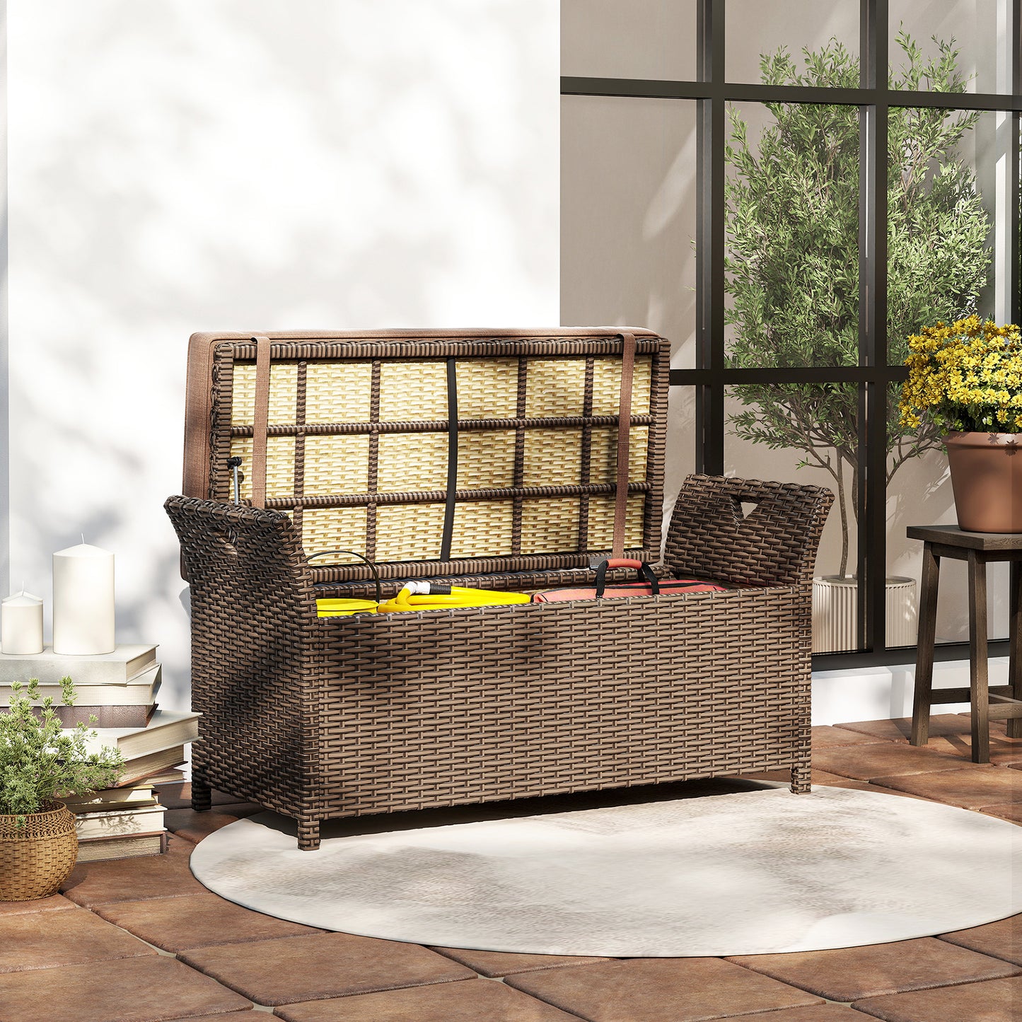 2-In-1 Outdoor Storage Bench, 29 Gallon Wicker Deck Box with Handles and Cushion, Tan