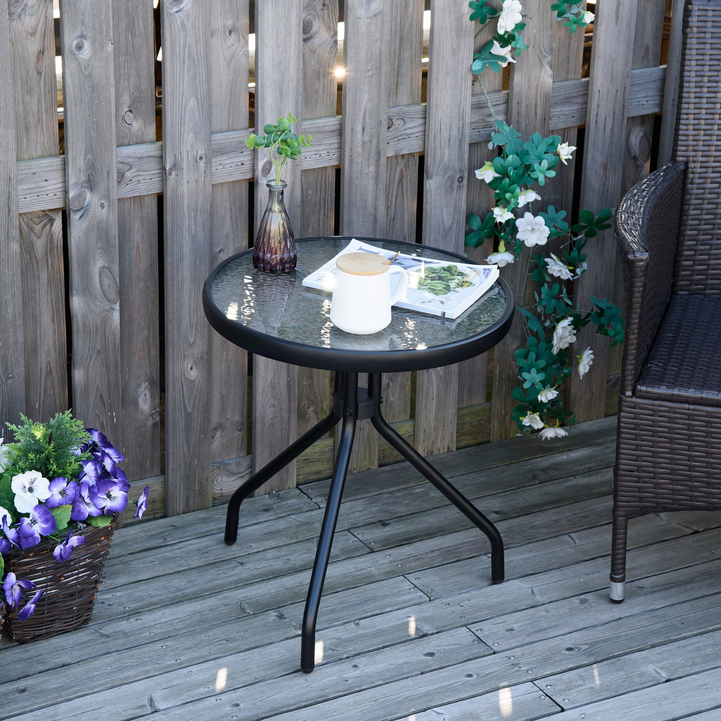 20" Round Outdoor End Table, Patio Side Table with Tempered Glass Top for Garden, Balcony, Poolside, Black