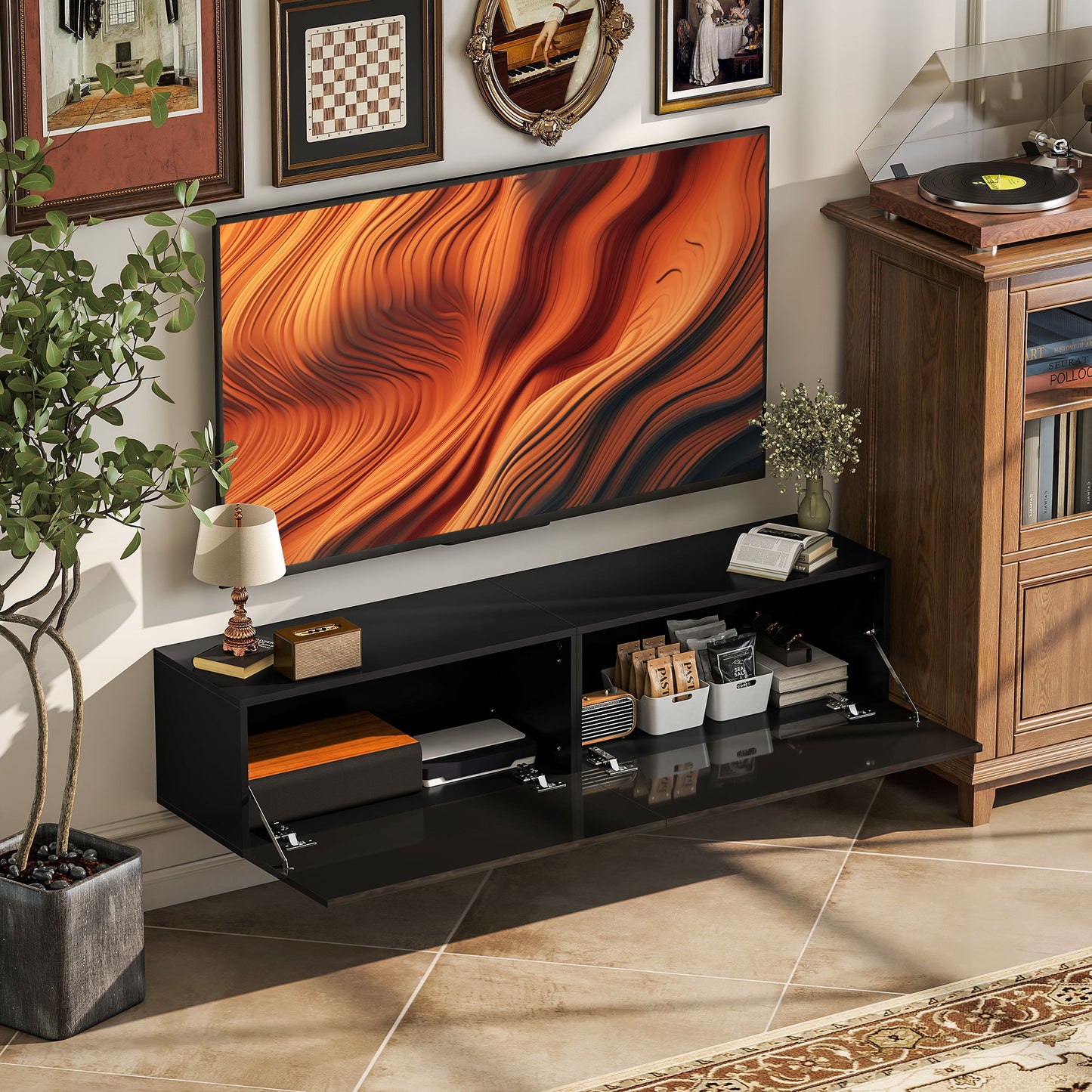 Floating TV Stand with Storage Cupboards for 45, 55, 65in TVs, Wall Mounted TV Console Entertainment Unit, Black