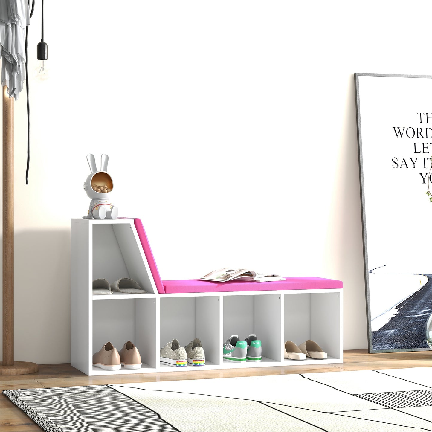 Multi-Purpose Bookshelf with 5 Cubes, 5-Cubby Bookcase with Cushioned Reading Nook and Storage Shelves, Pink