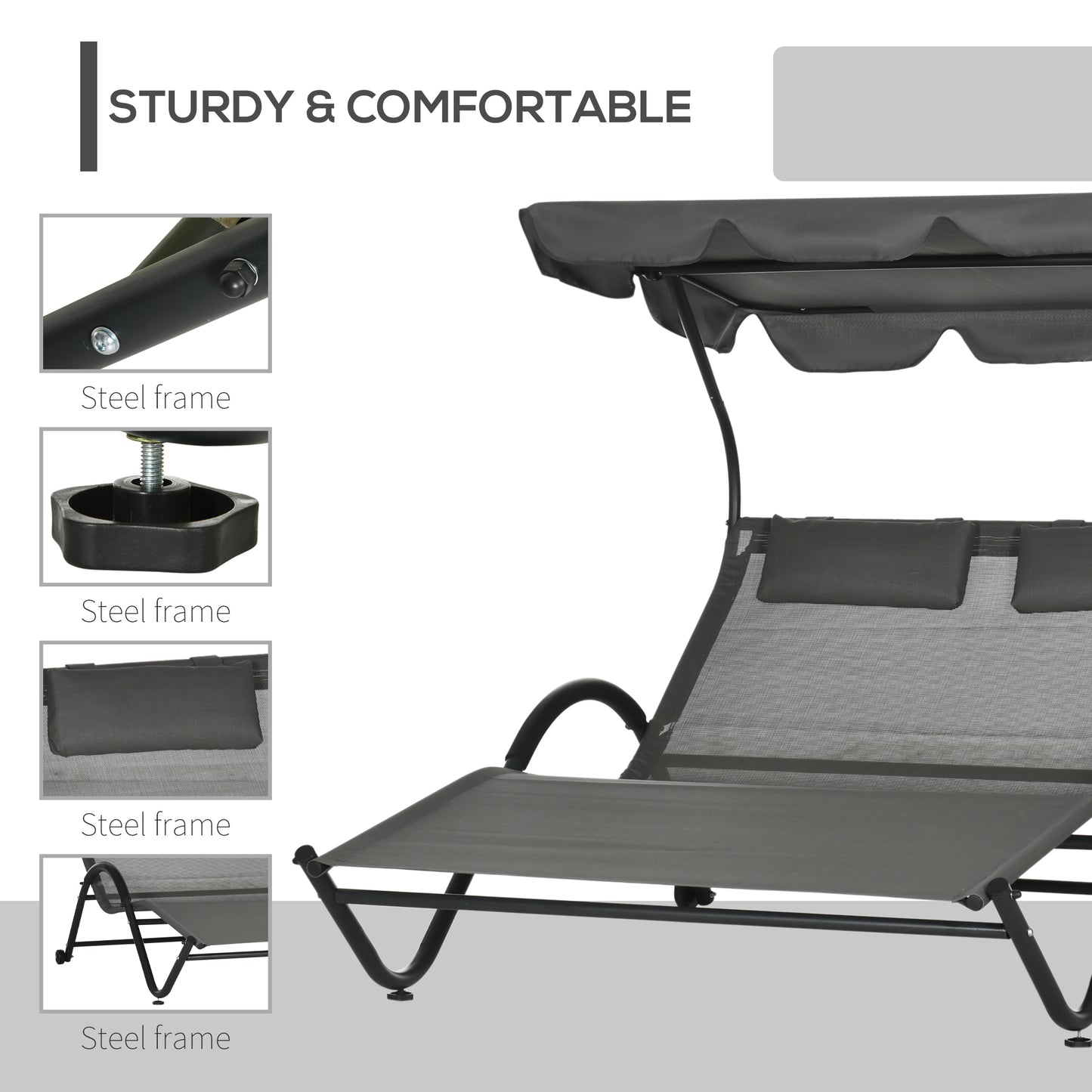 Outdoor Patio Chaise Lounge Chair, Patio Sun Lounger w/ Sunshade Roof, for Two People with Wheels and Breathable Sling Mesh Bed, Pillows, Dark Gray