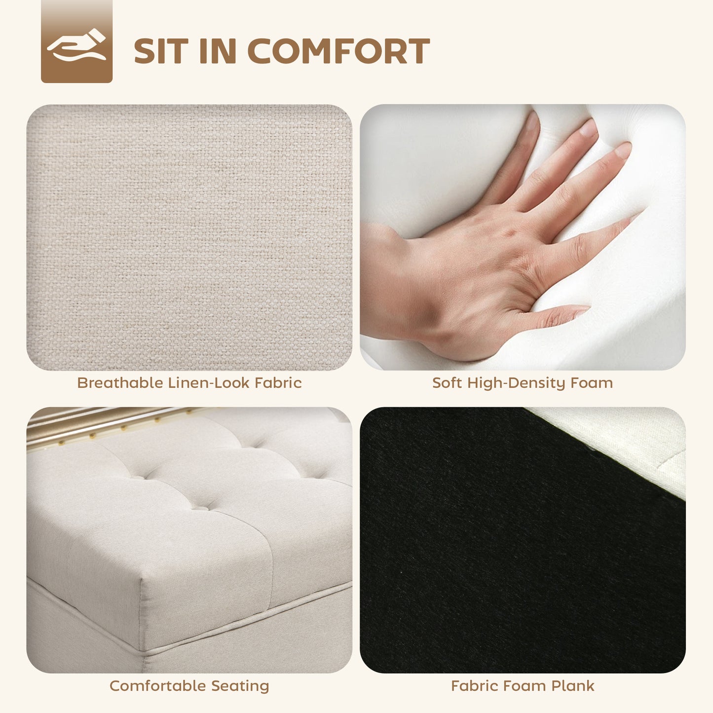 Storage Ottoman Bench, Foot Rest with Lift-Up Lid and Wood Legs, Linen Storage Chest for Living Room, Cream White