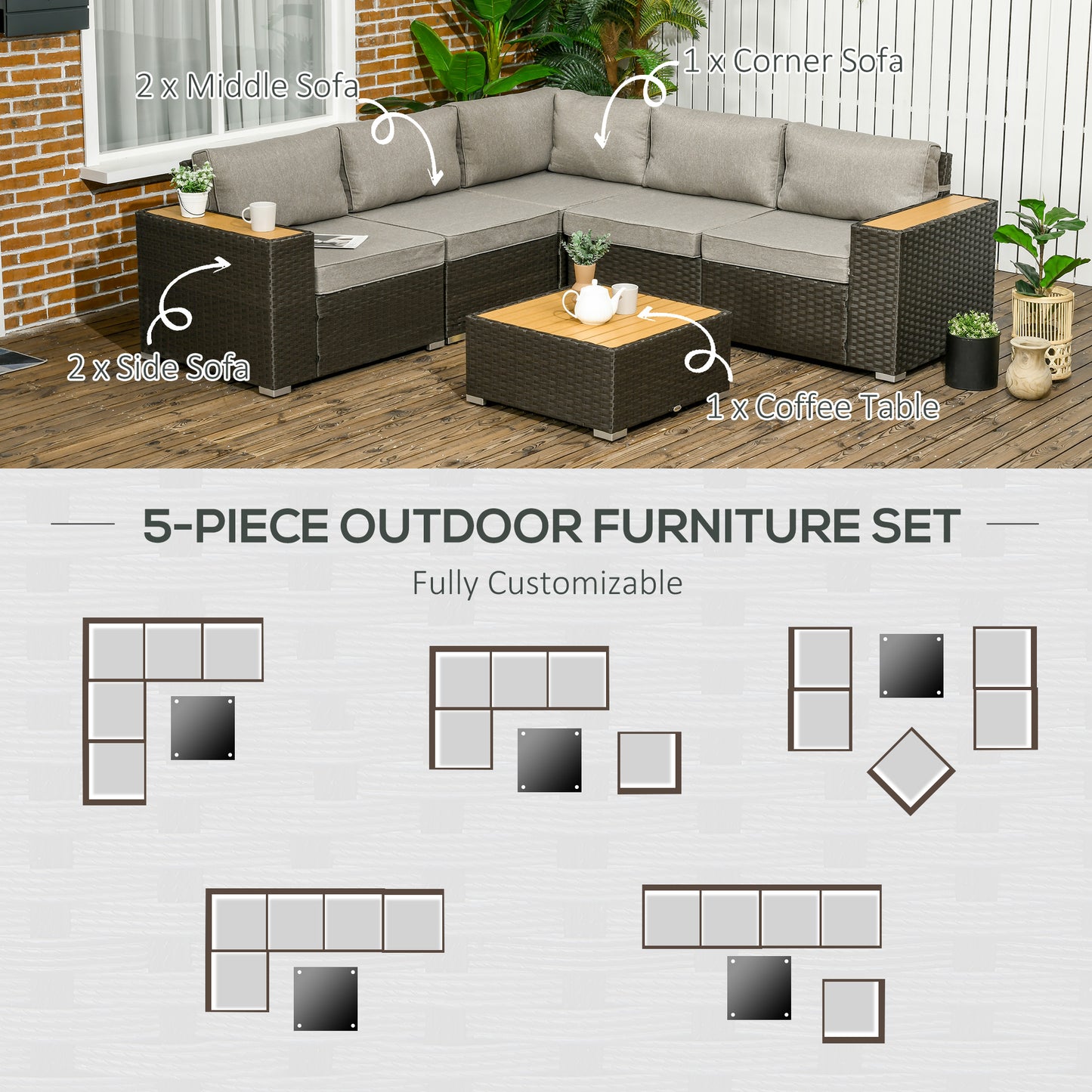 6 Pieces Outdoor Rattan Patio Furniture Set with Corner Sofa, Wood-Plastic Coffee Table, Navy Blue
