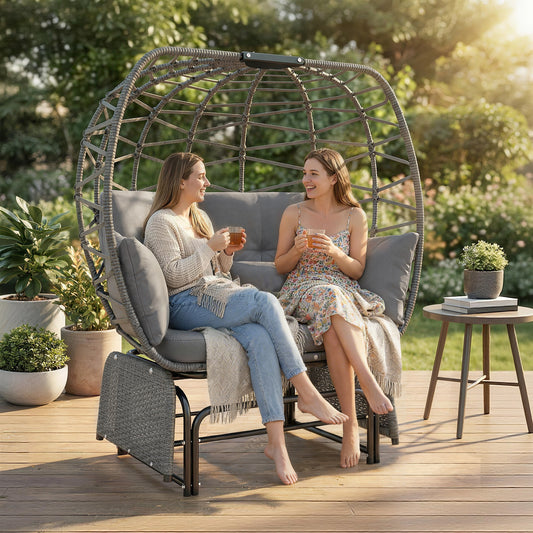 Double Outdoor Glider Egg Chair, Outdoor Loveseat Glider with Cushions and Pillows, Dark Grey