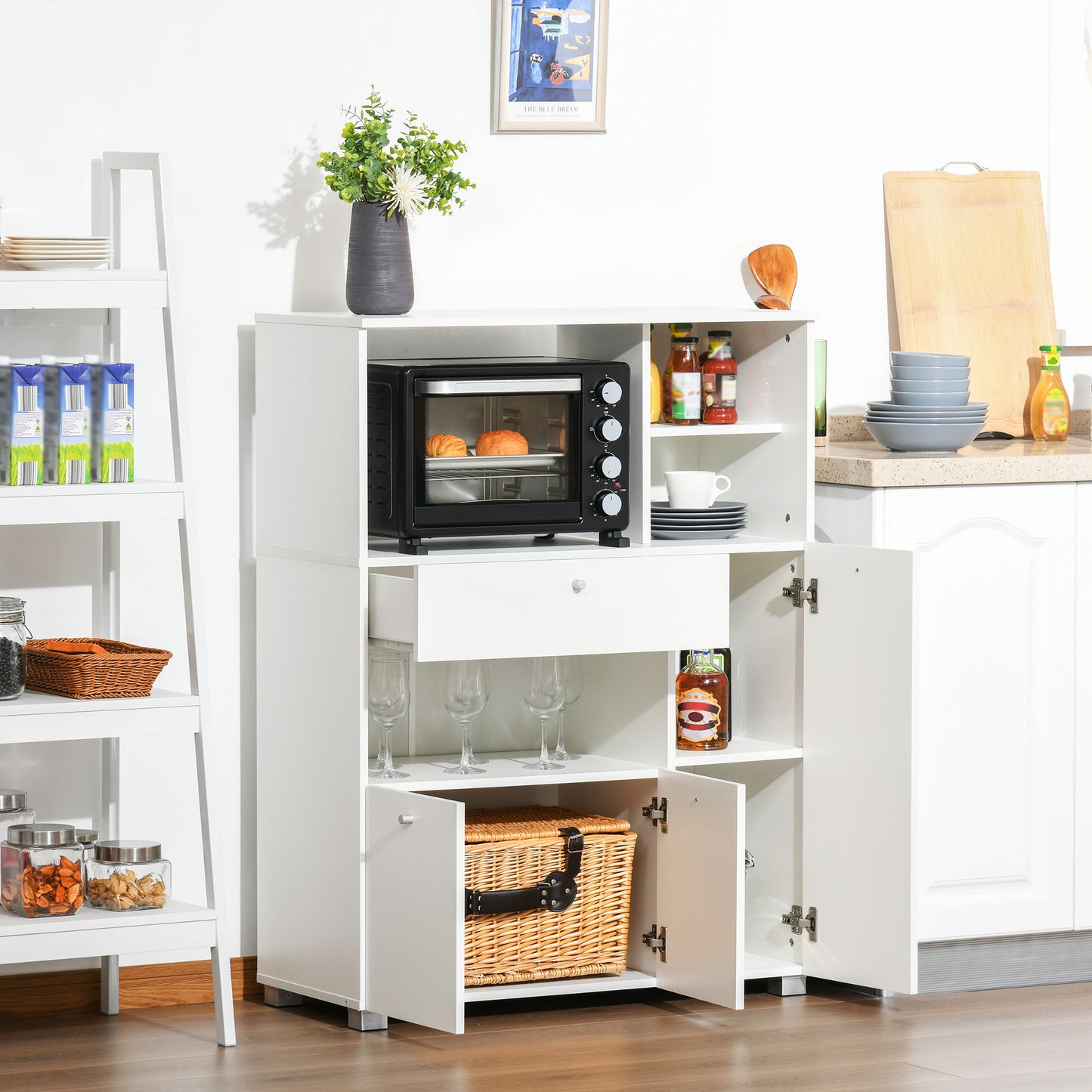 Compact Kitchen Pantry Cabinet Server Hutch Storage Buffet with Microwave Oven Stand Drawer and Shelves, White