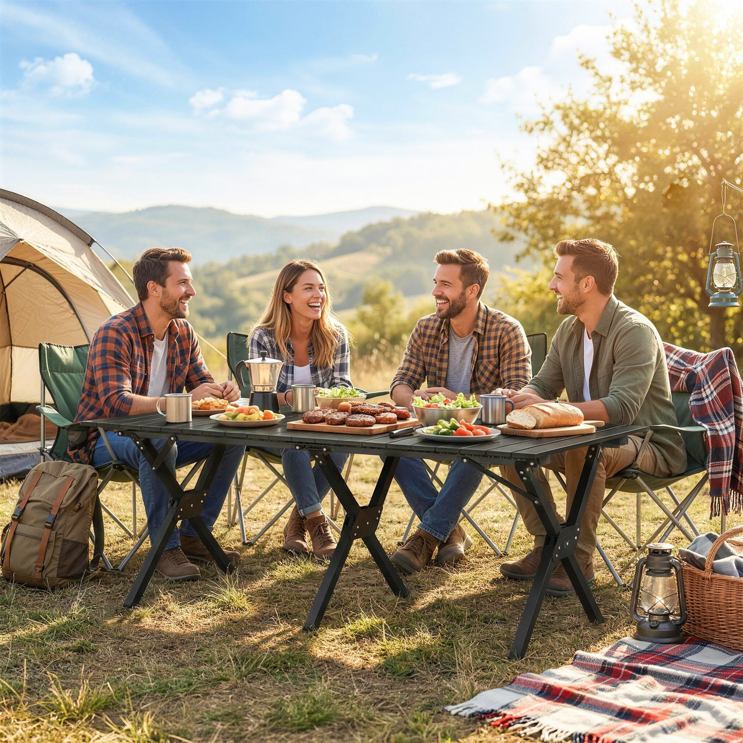 4ft Folding Camping Table, Waterproof Picnic Table with Roll Up Top and Metal Frame, Black