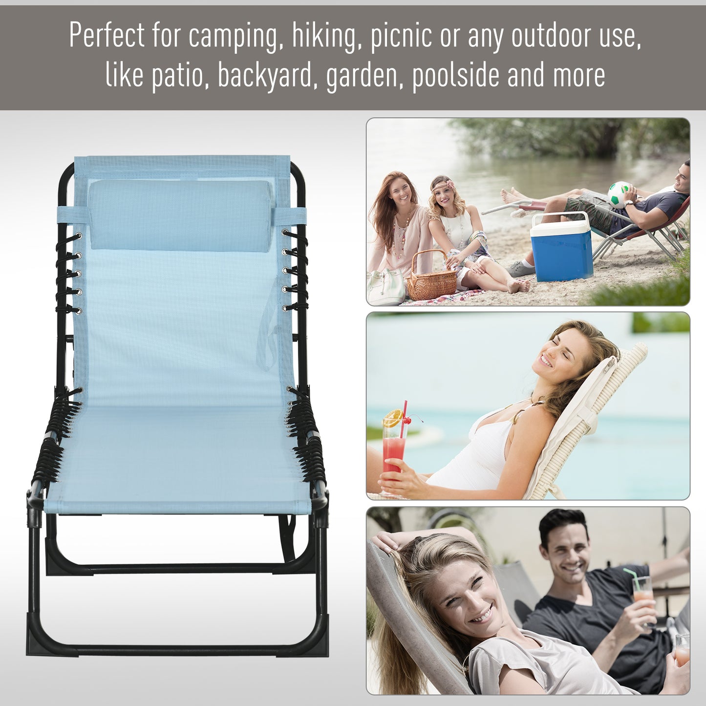 Outdoor Folding Lounge Chair, 4-Level Adjustable Chaise Lounge with Headrest, Tanning Chair Beach Bed, Reclining Lounger Cot for Camping, Hiking, Backyard, Light Blue