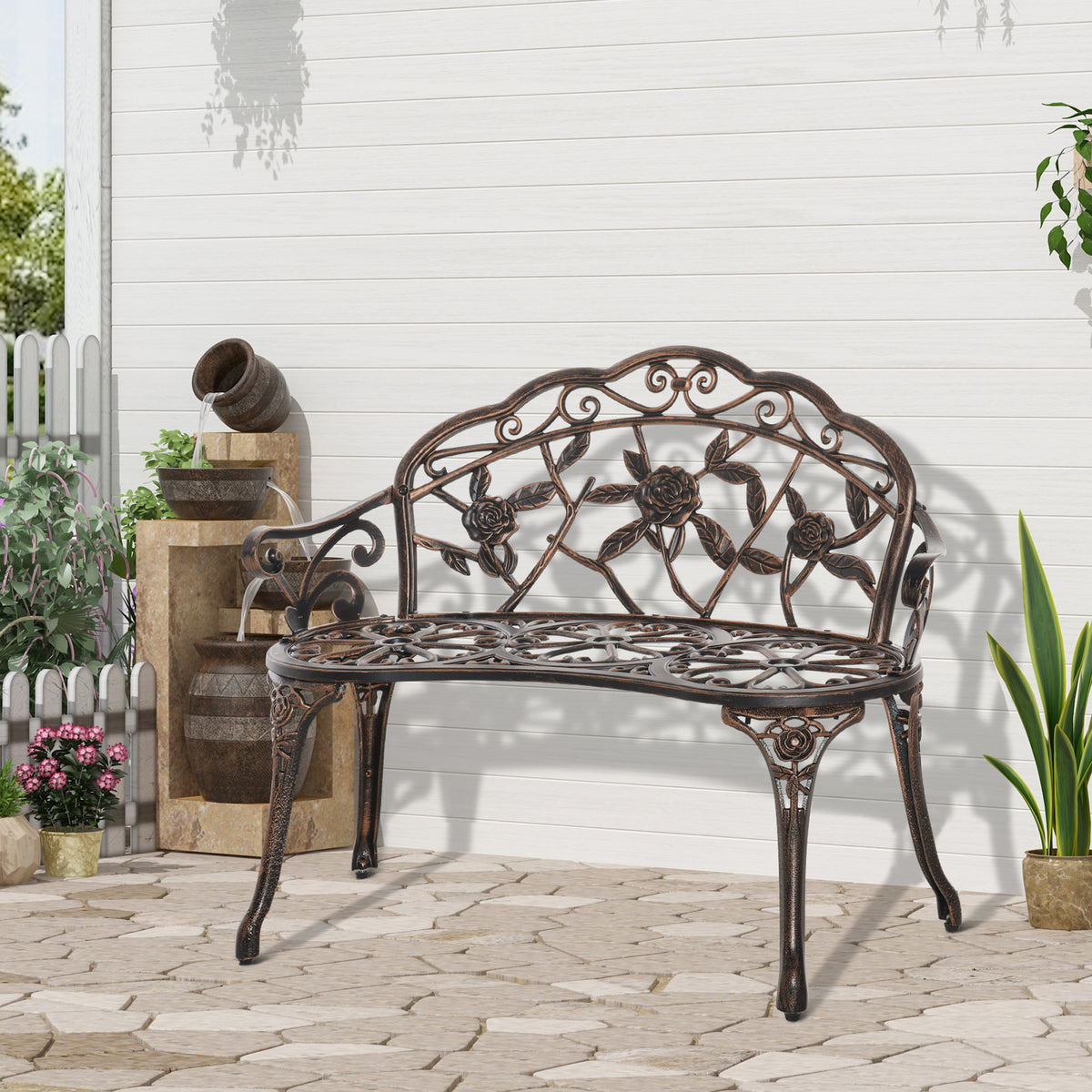 40" Outdoor Garden Bench, Cast Aluminum Antique Rose Style Patio Garden Park Loveseat Bench for Backyard, Porch, Balcony, Lawn, Bronze