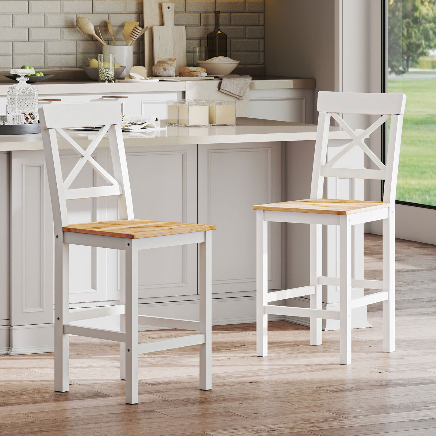 Counter Height Stools Set of 2, Farmhouse Bar Stools with Backs, Solid Wood Counter Stools for Kitchen Island