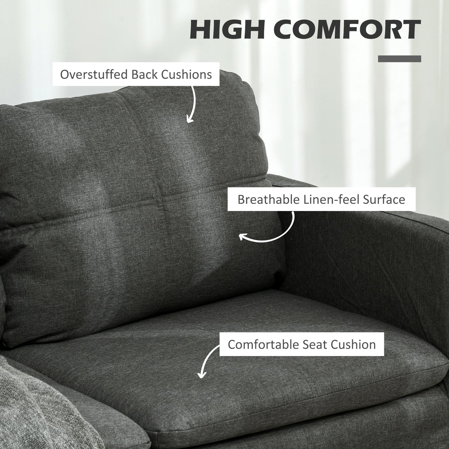 53" 2 Seat Sofa, Upholstered Two Seater Couch with Sturdy Steel Legs for Bedroom, Living Room, Dark Grey
