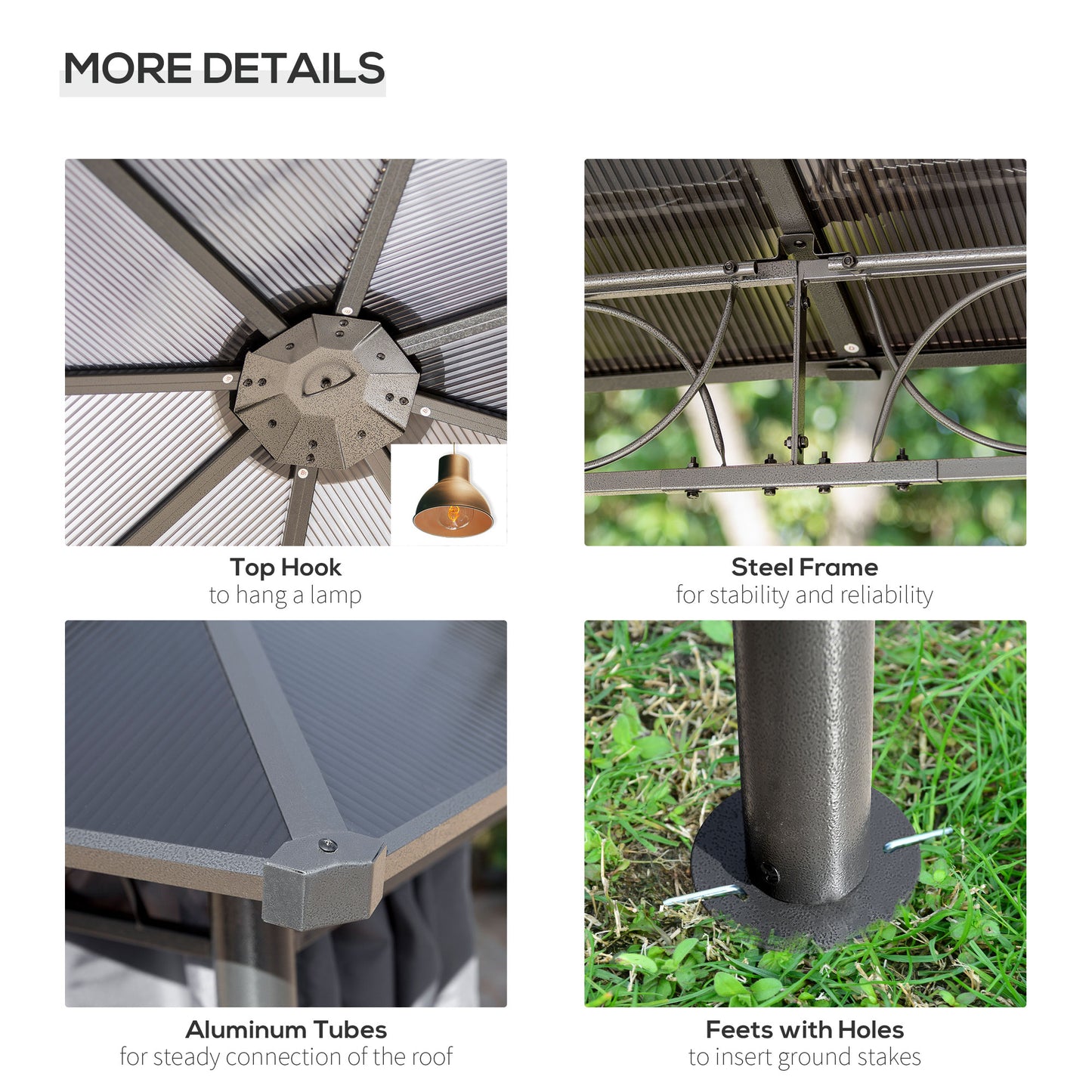 Polycarbonate Hardtop Gazebo Canopy, Outdoor Patio Gazebo with Aluminum Frame & Curtains, Dark Grey