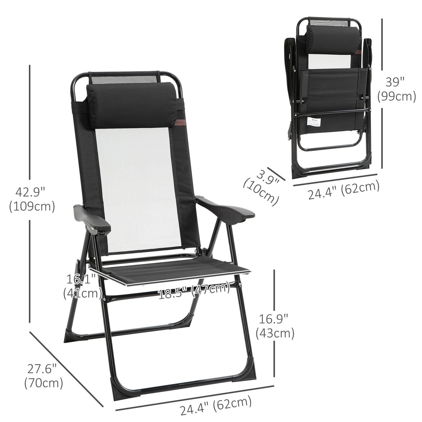 Double Camping Chairs Foldable w/ Reclining & Headrest, Black