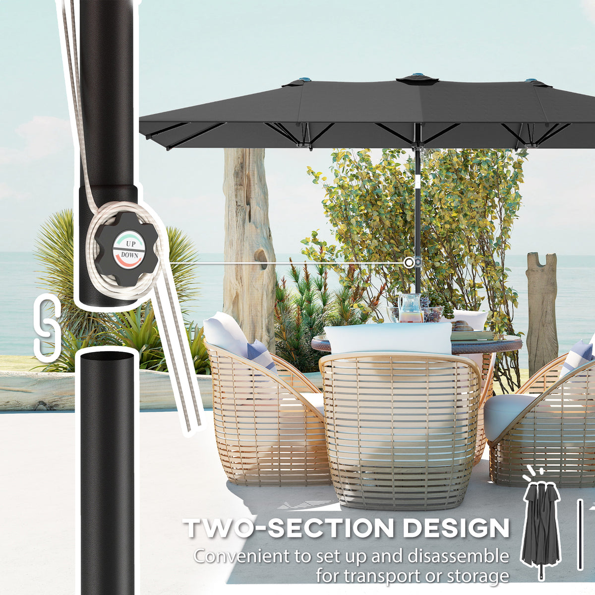 Grey Double-Sided Umbrella with Adjustable Height & 12 Ribs