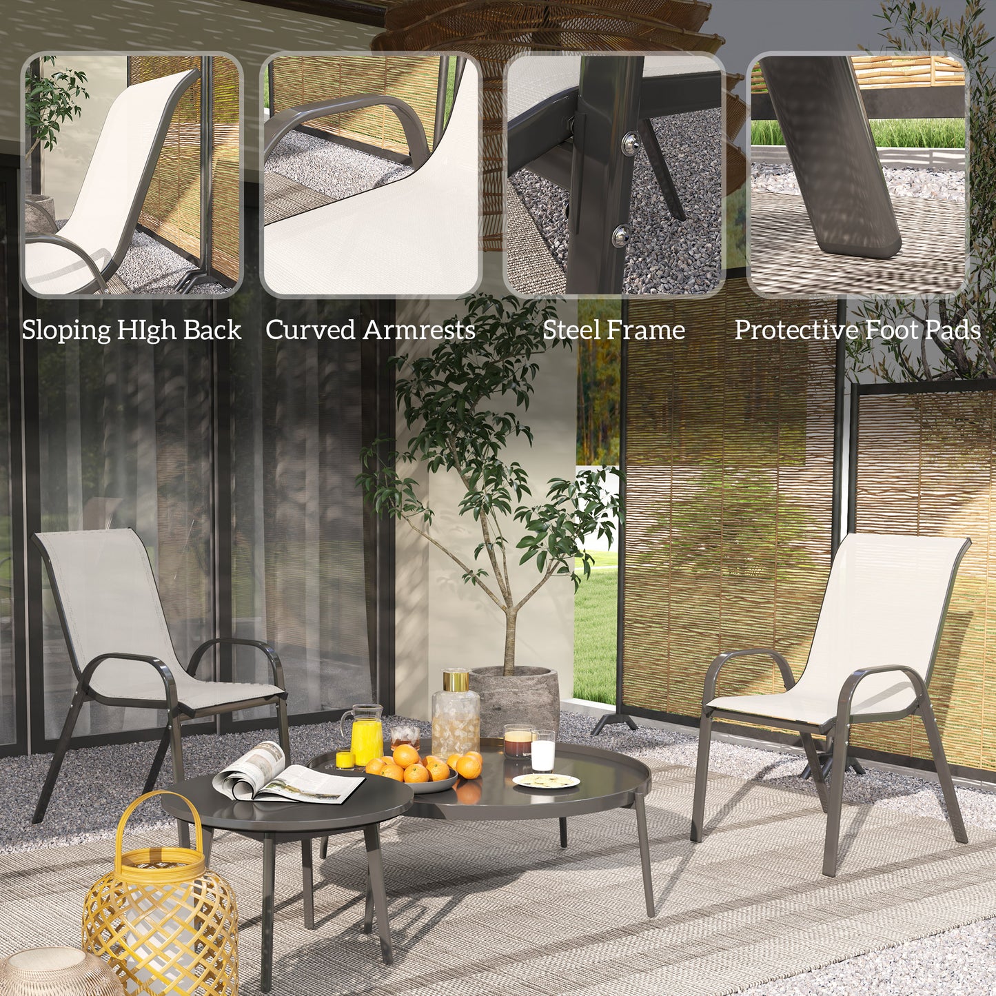 Set of 2 Outdoor Dining Chairs, Stackable Lawn Chairs with High Back, Breathable Mesh Seat for Garden Porch, Black