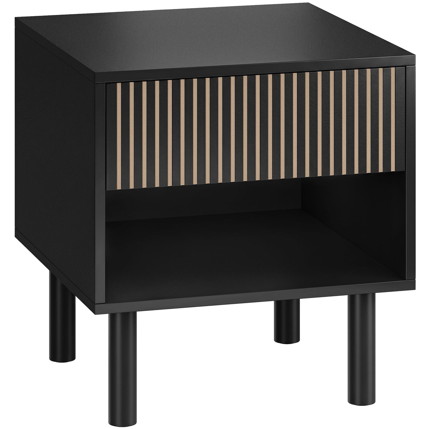 Modern Bedside Table with Drawer and Open Shelf, Sofa Side Table for Bedroom Living Room, Black