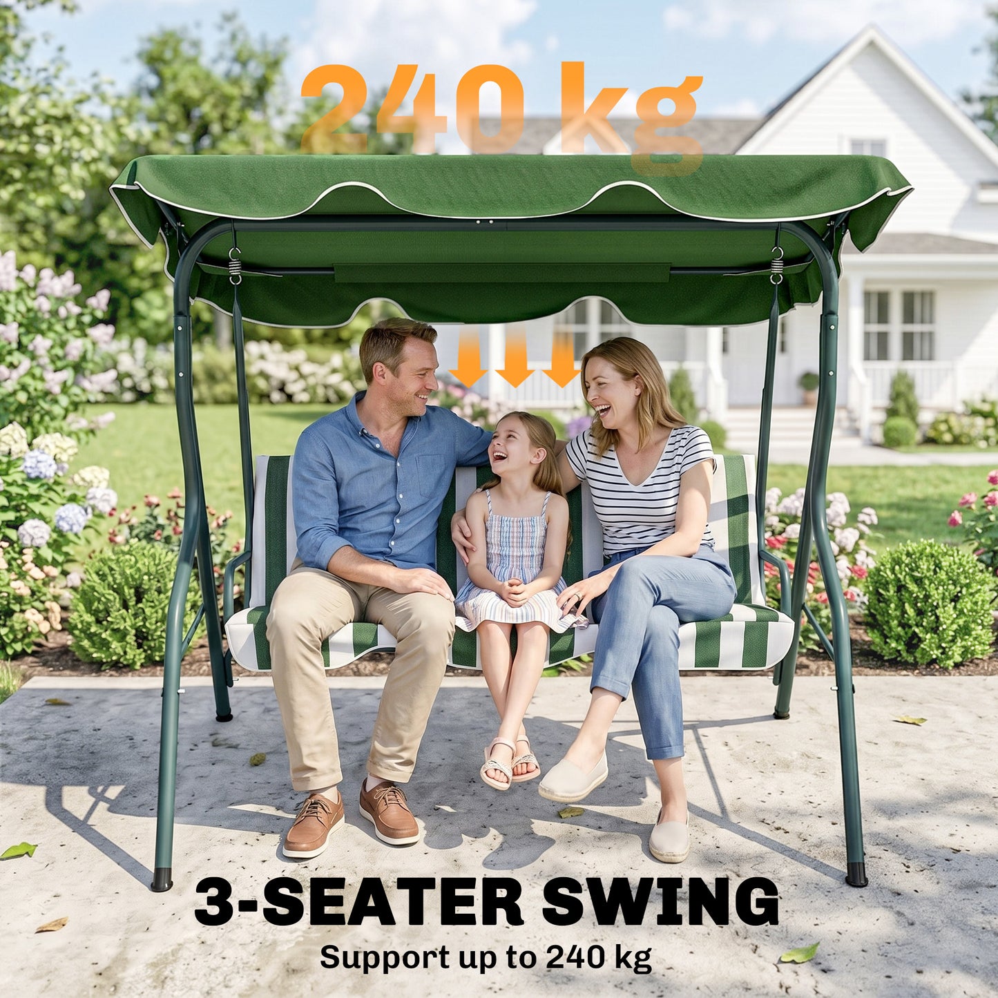 Outdoor Porch Swing with Adjustable Canopy, 3-Seater Patio Swing Chair with Cushion, Black