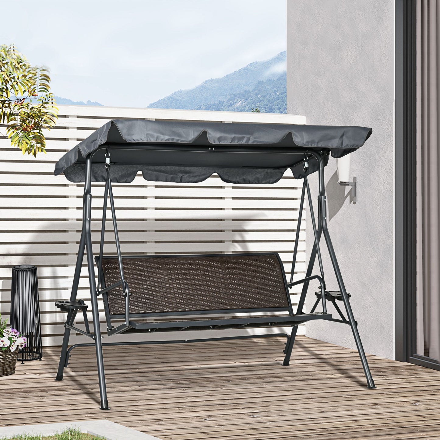 3-Seat Patio Swing Chair, Outdoor Canopy Swing Glider with Adjustable Shade, Grey