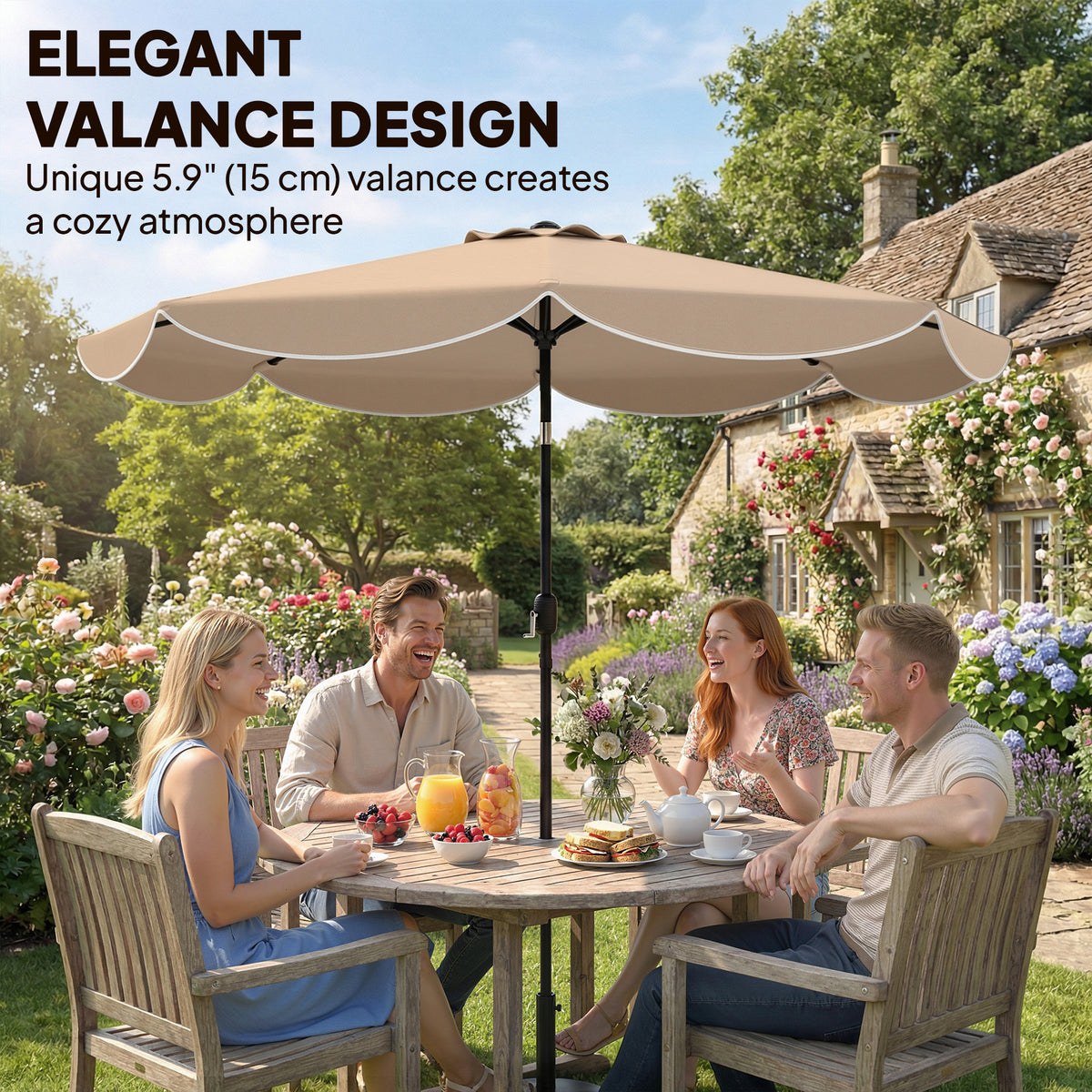 9' x 9' Khaki Round Market Umbrella with Valance & Tilt Crank