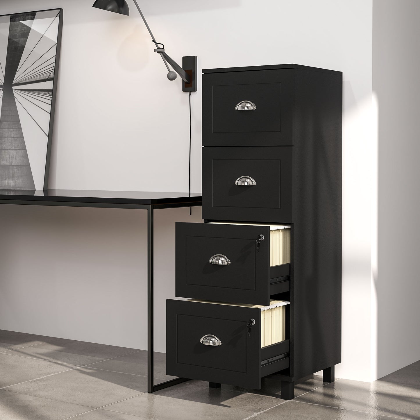 4 Drawer File Cabinet with Lock, Office Filing Cabinet, A4 Letter Size, Hanging File Folders, Black
