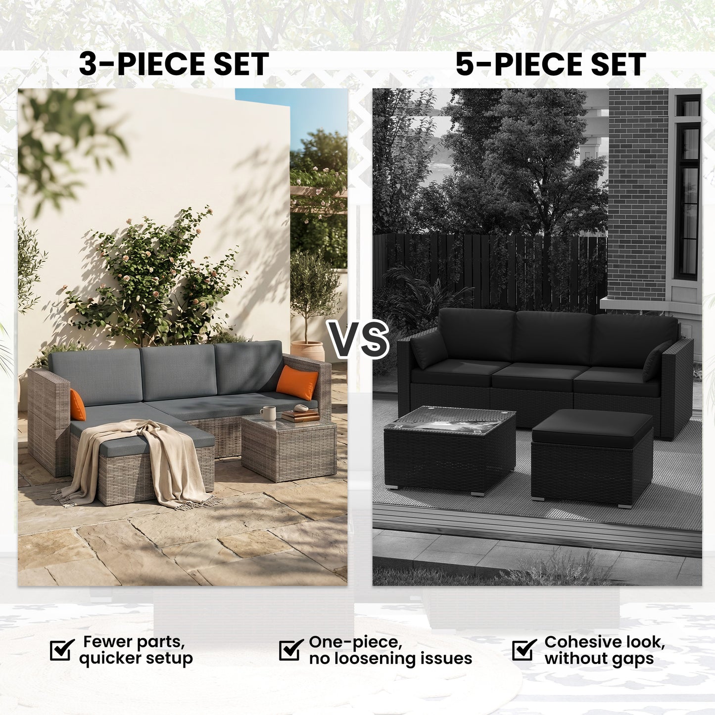 3-Piece Patio Furniture Set Modern Sectional Sofa Rattan Chair Wicker Conversation Set Outdoor Hand Woven Rattan Wicker Furniture Patio Coffee Table Sofa Set, Blue