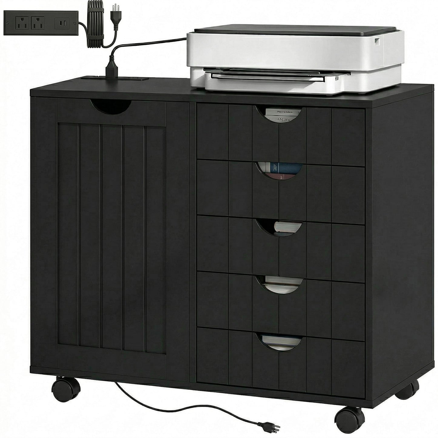 Mobile Lateral Filing Cabinet with 5 Drawers, Printer Stand with Power Outlets and USB Ports for Home Office, Black