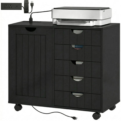 5-Drawer Mobile Lateral Filing Cabinet with USB - Black