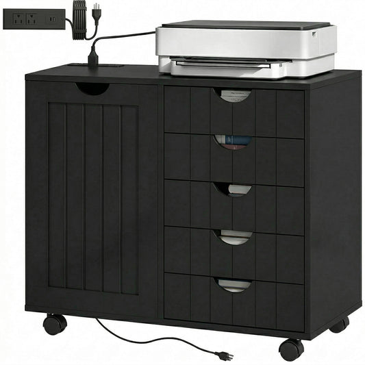 5-Drawer Mobile Lateral Filing Cabinet with USB - Black