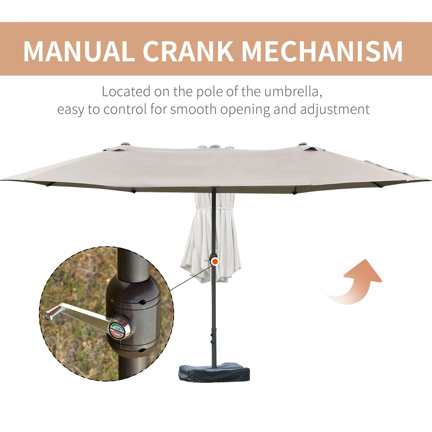 15' Outdoor Patio Umbrella with Twin Canopy Sunshade Steel Table Umbrella w/ Lift Crank, Cross base, Sandbag, Light Grey