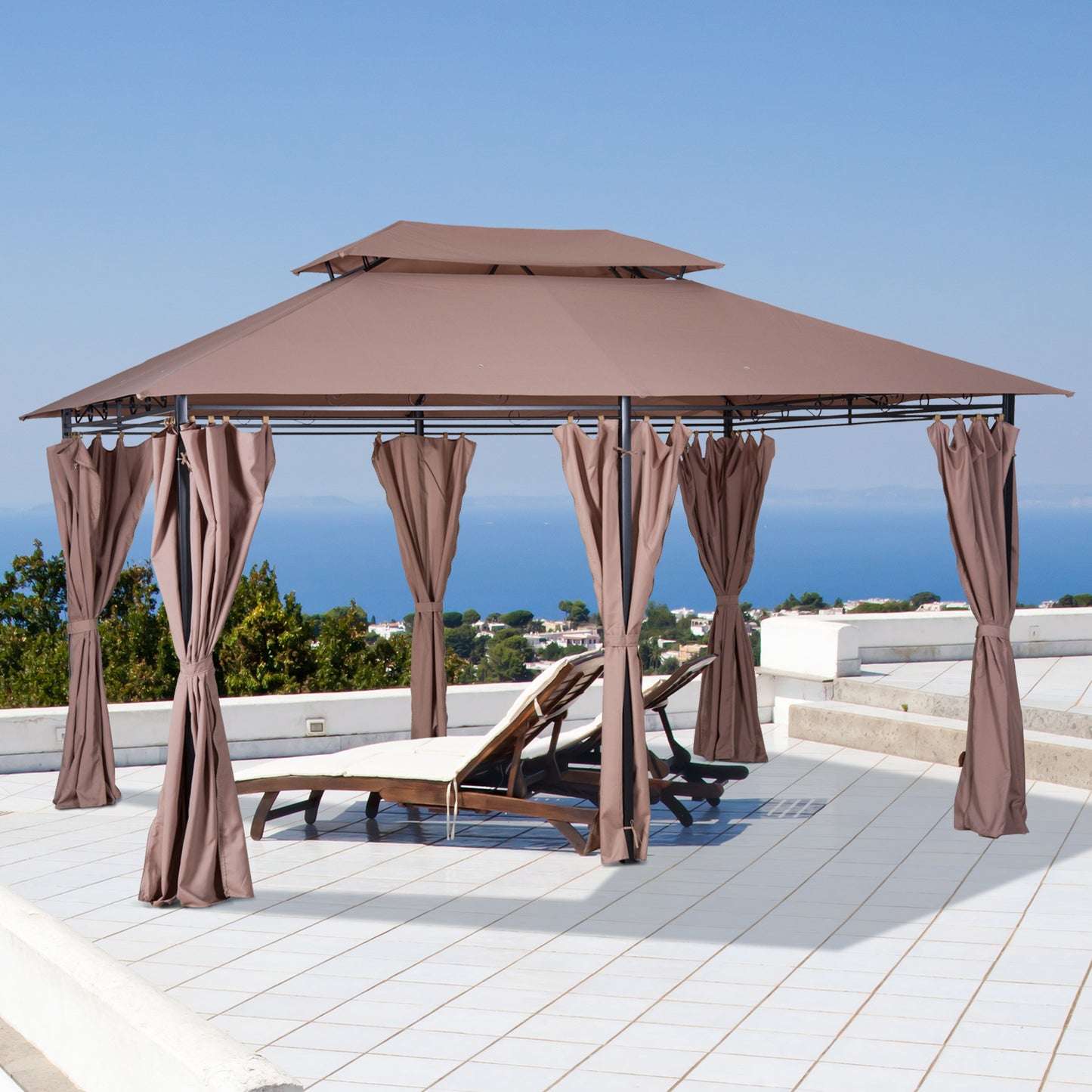 10' x 13' Patio Gazebo, Outdoor 2-Tiers Garden Canopy Yard Sunshade Shelter with Curtains, Khaki