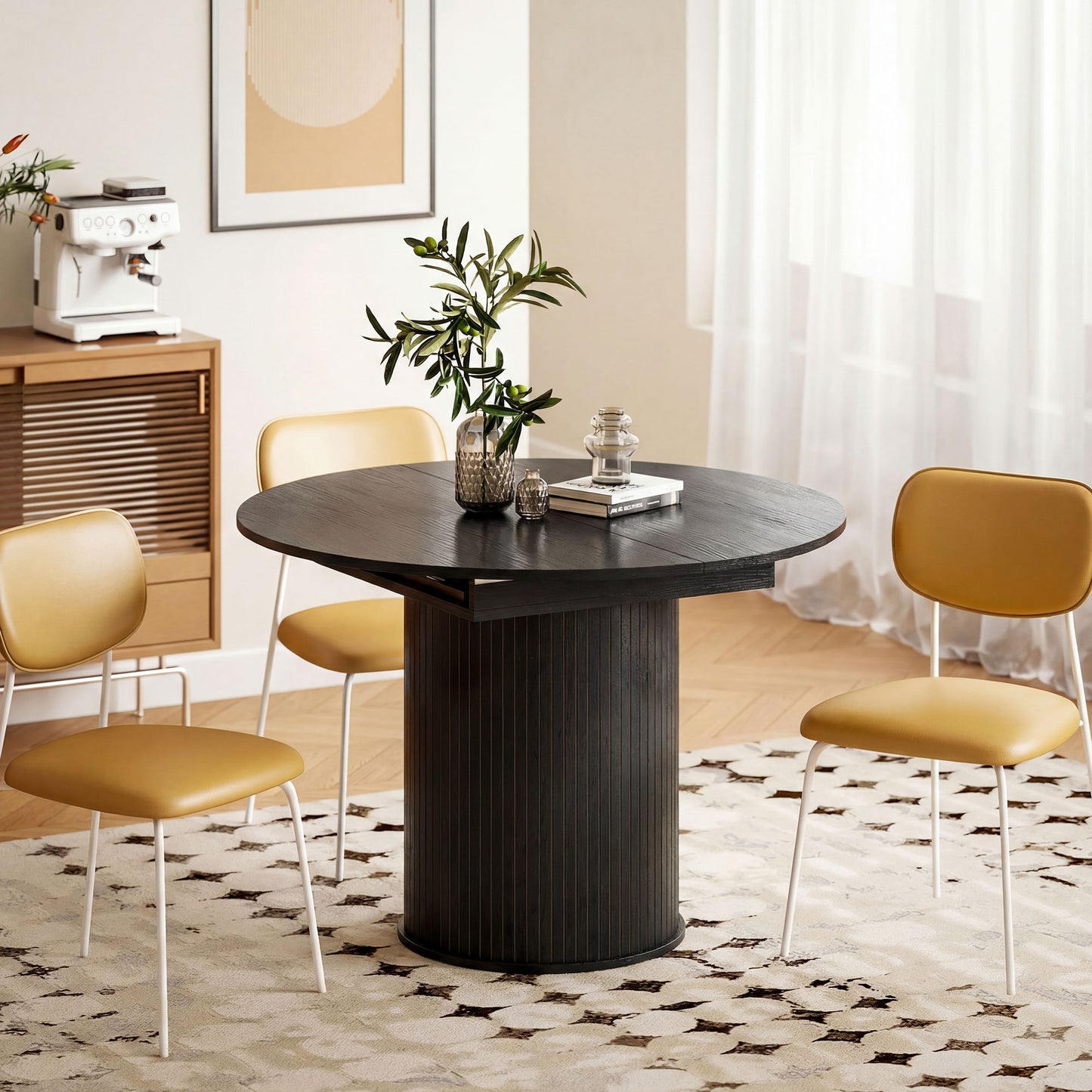 Extendable Kitchen Table for 6-8, 43.5"-59" Farmhouse Dining Table with Pedestal Base Black Wood Grain