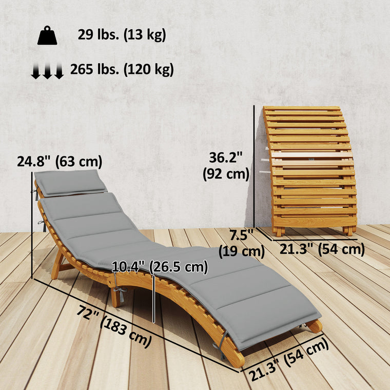 Acacia Wood Folding Chaise Lounge with Cushion and Headrest