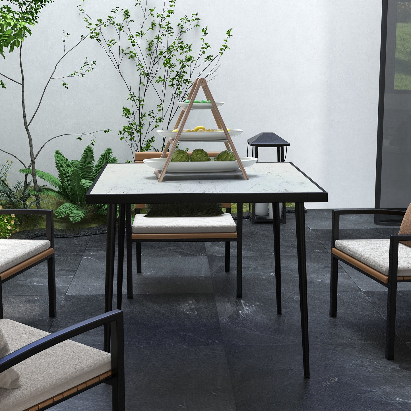 Outdoor Dining Table for 4, Square Patio Dining Table with Marble Effect Tempered Glass Top and Steel Frame, White