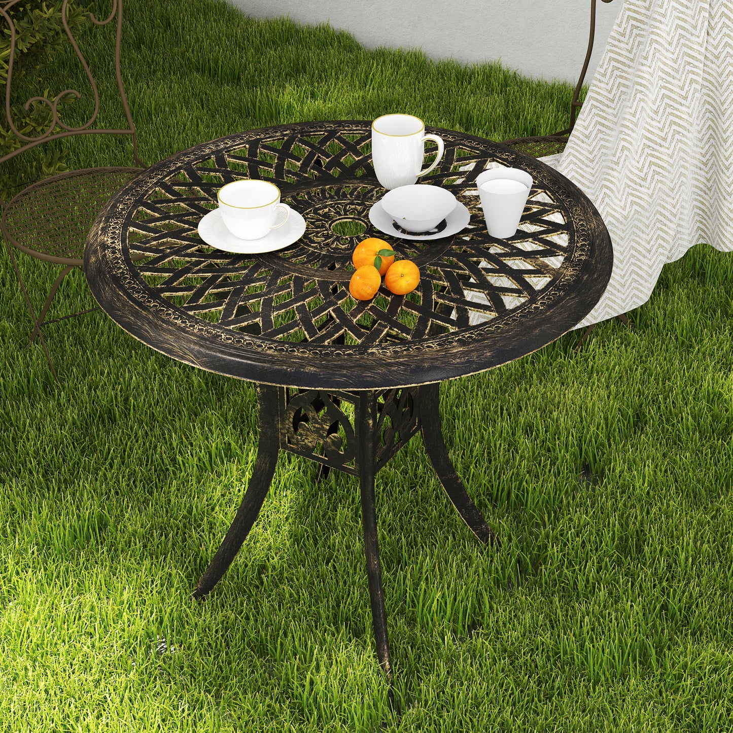 30-inch Round Patio Dining Table with Umbrella Hole Cast Aluminium Outdoor Bistro Table, Brown