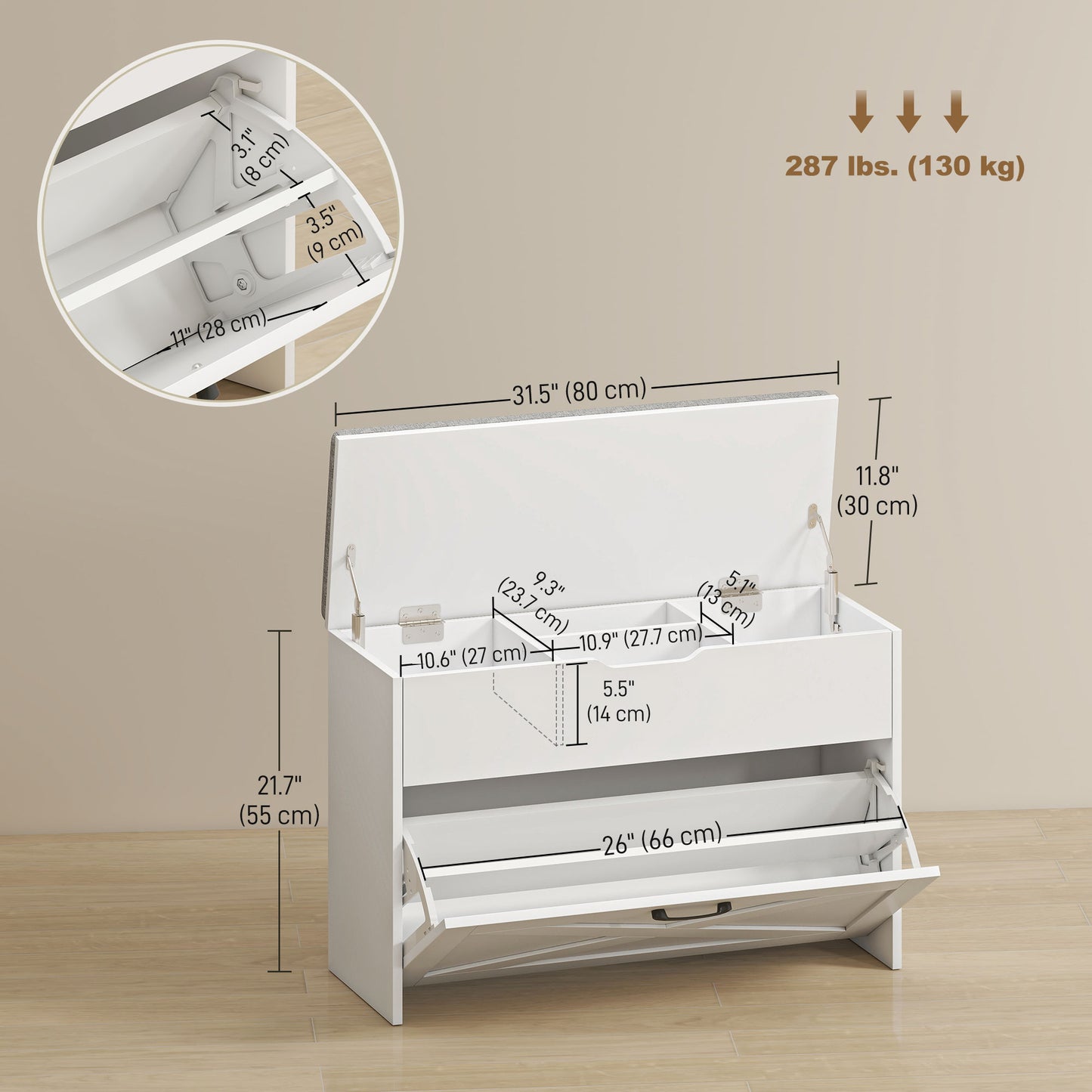 Shoe Storage Bench with Flip Drawer and Lift Top Storage, Entryway Bench with Seat Cushion for Hallway, White