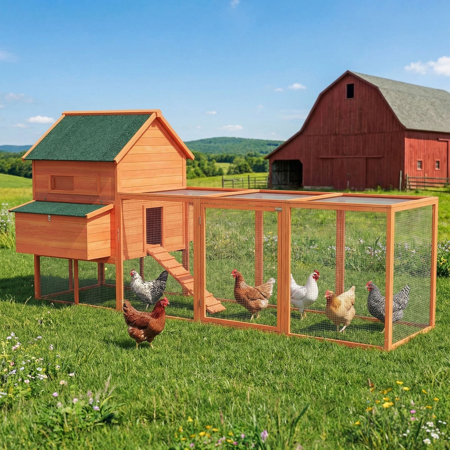 137" Wooden Chicken Coop with Chicken Run, Nesting Box, Orange