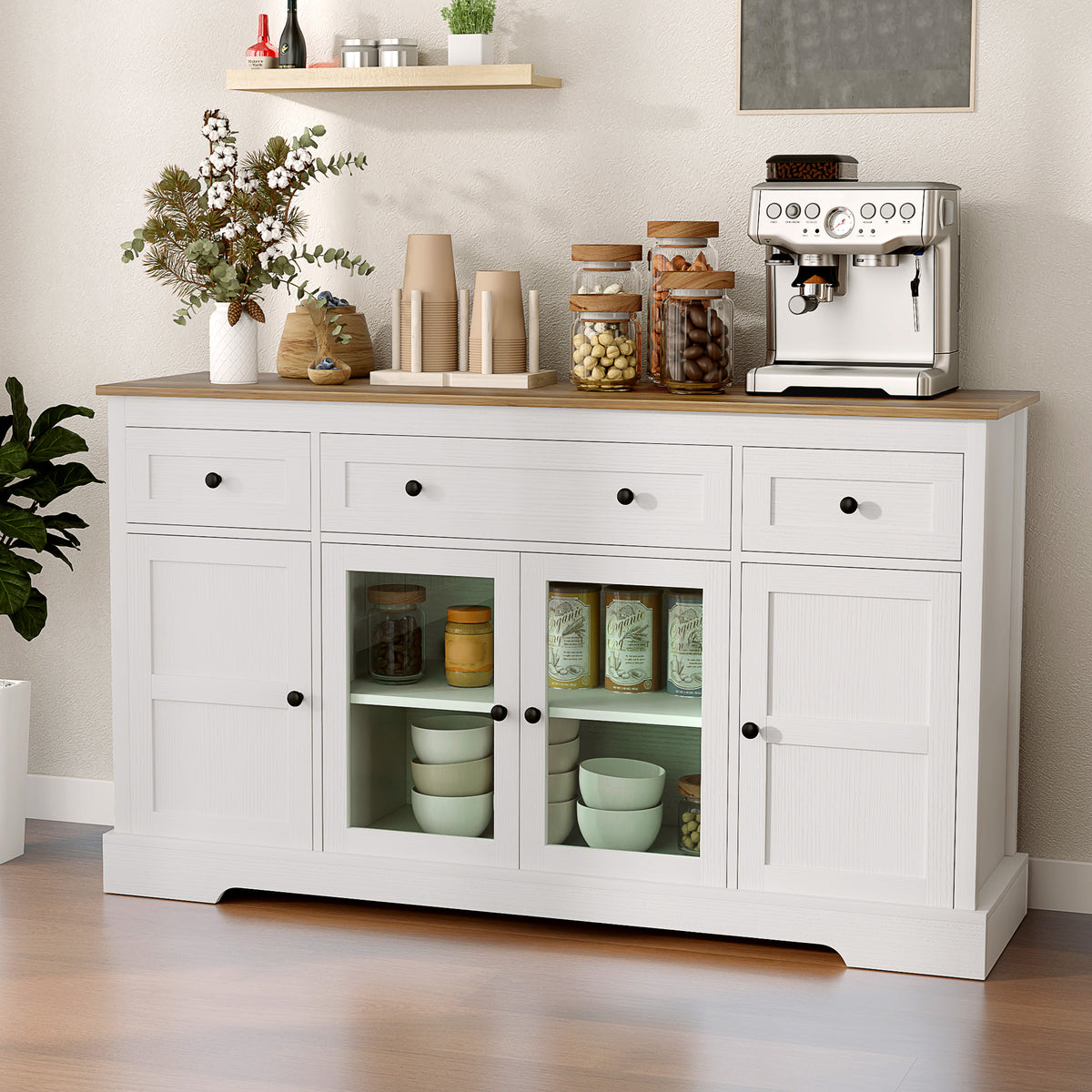 Sideboard Buffet Cabinet with Storage, Coffee Bar Cabinet with Glass Doors and Adjustable Shelves, Distressed White