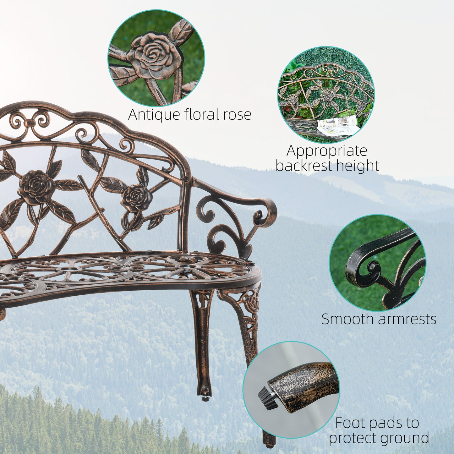 40" Outdoor Garden Bench, Cast Aluminum Antique Rose Style Patio Garden Park Loveseat Bench for Backyard, Porch, Balcony, Lawn, Bronze
