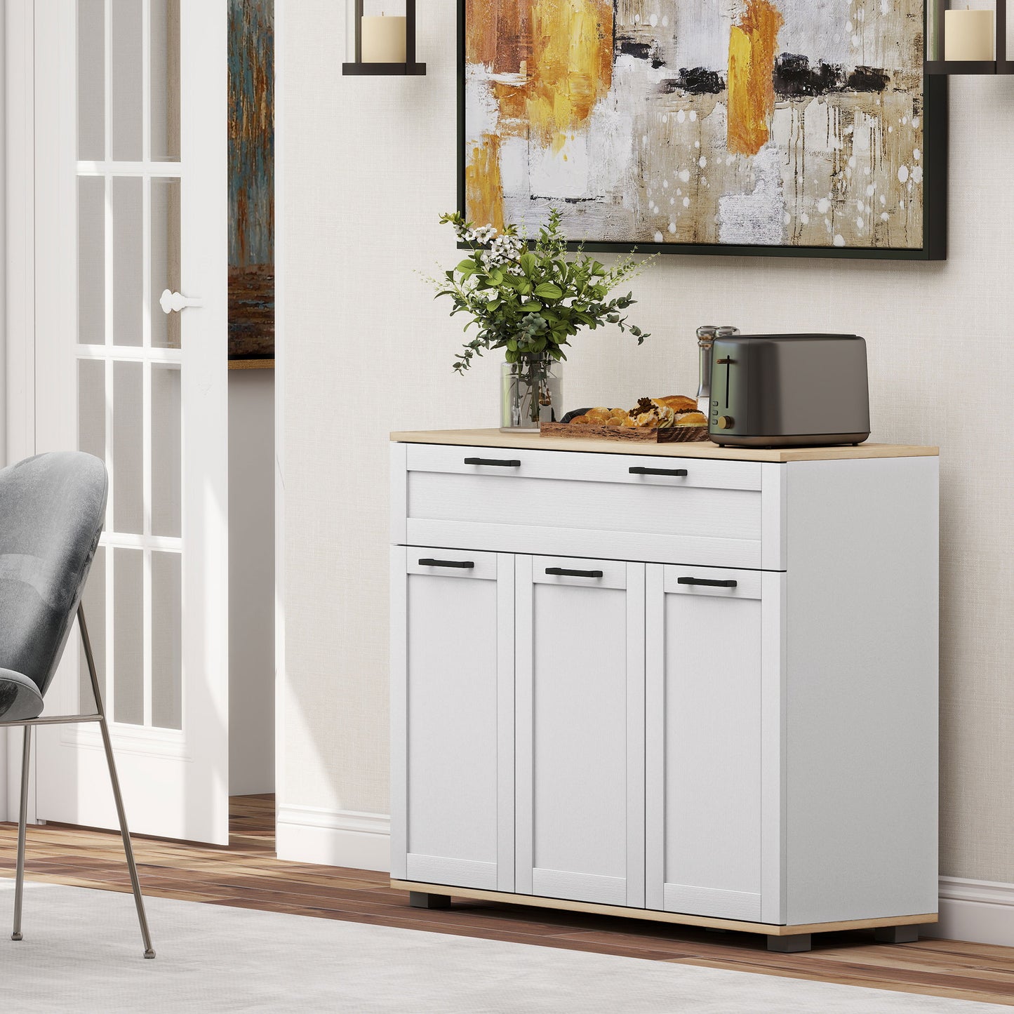 Sideboard Buffet Cabinet, Modern 40" Coffee Bar Cabinet with Wide Drawer, 3 Doors and 2 Adjustable Shelves, White