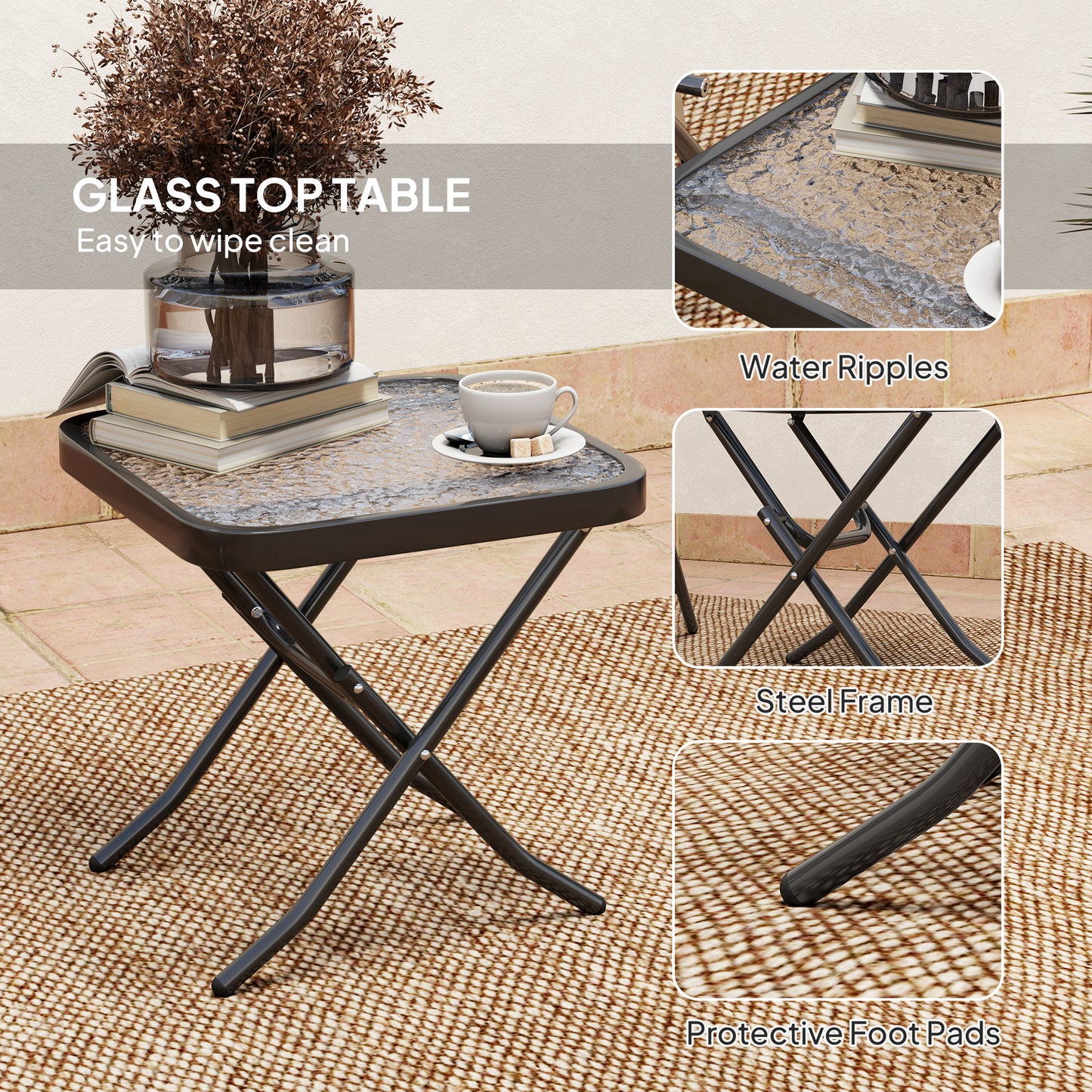 Folding Bistro Set, Small Patio Set with Back Adjustable Chairs and Glass Top Table for Garden, Balcony, Porch, Grey