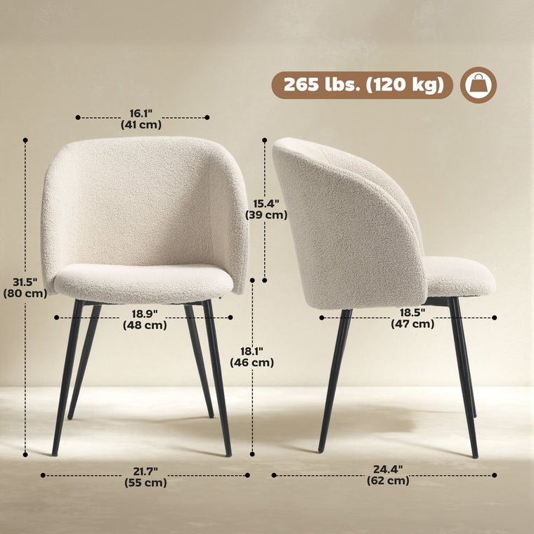 Sherpa Dining Chairs Set of 2 with Steel Legs - Cream White