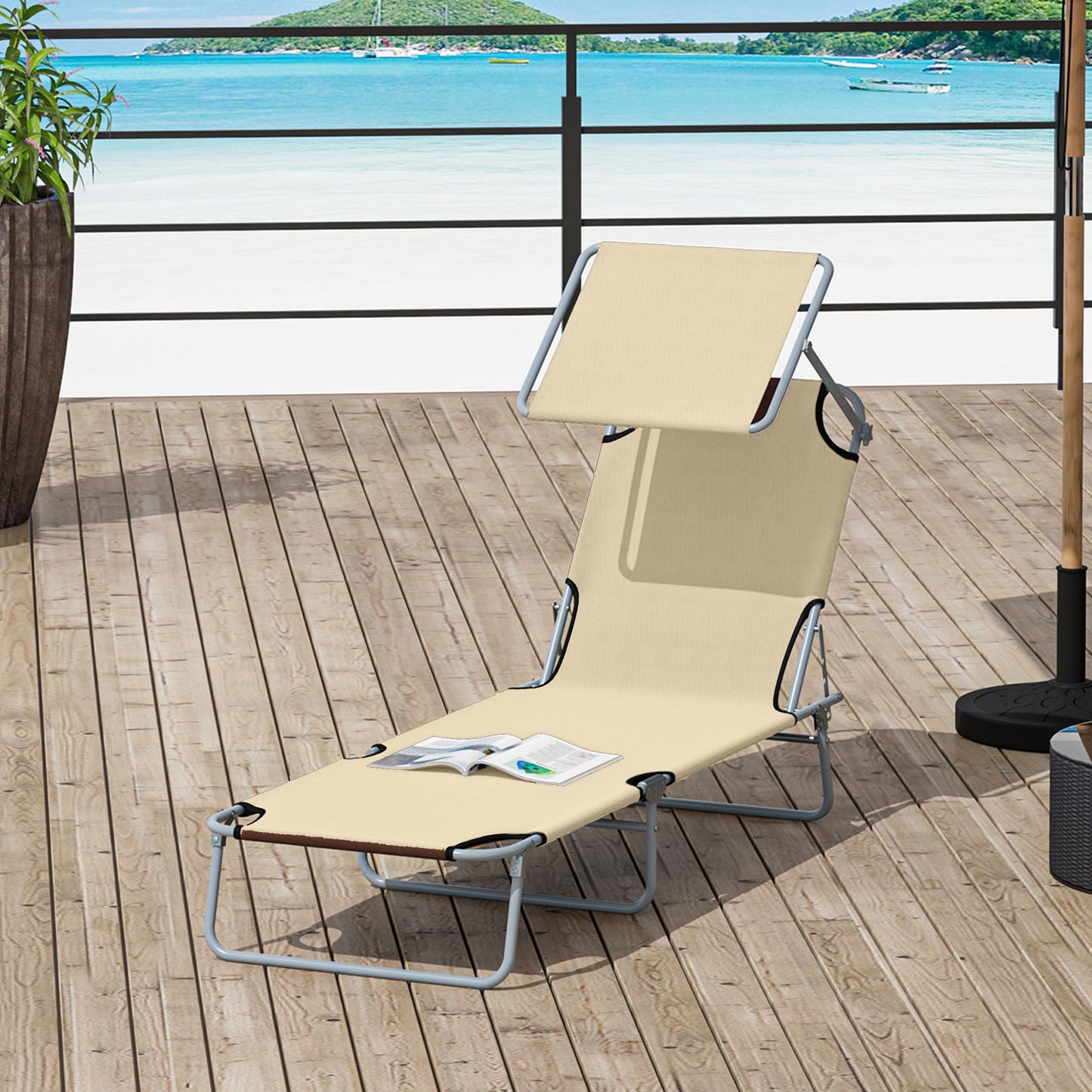 Outdoor Lounge Chair, Adjustable Folding Chaise Lounge, Tanning Chair with Sun Shade for Beach, Camping, Hiking, Backyard, Light Grey