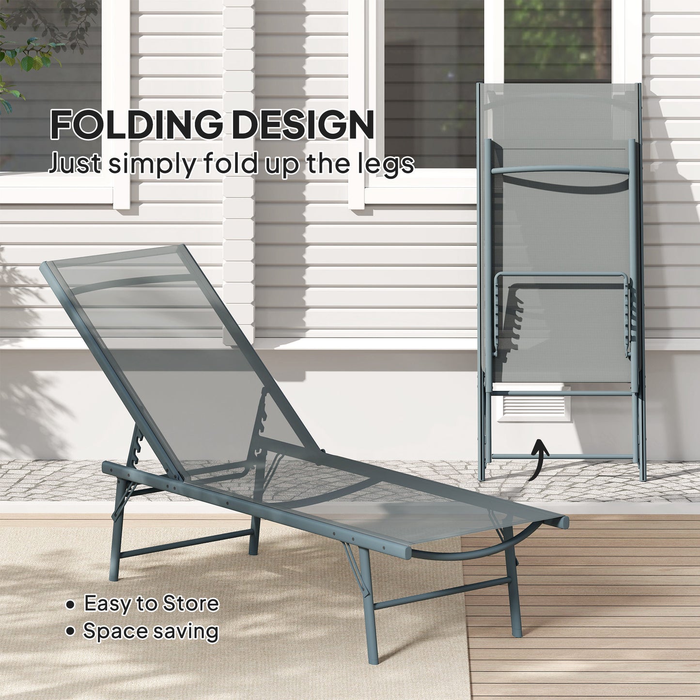Folding Outdoor Lounge Chair, Reclining Chaise Lounge Tanning Chair w/ Adjustable Back, Mesh Seat, Light Grey
