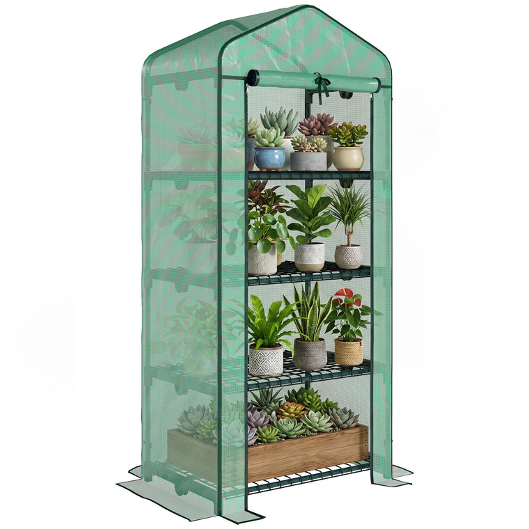 Dark Green Portable Steel-Frame Greenhouse with 4-Tier Shelves