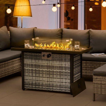 Grey 43" Wicker Propane Fire Pit Table with Wind Guard