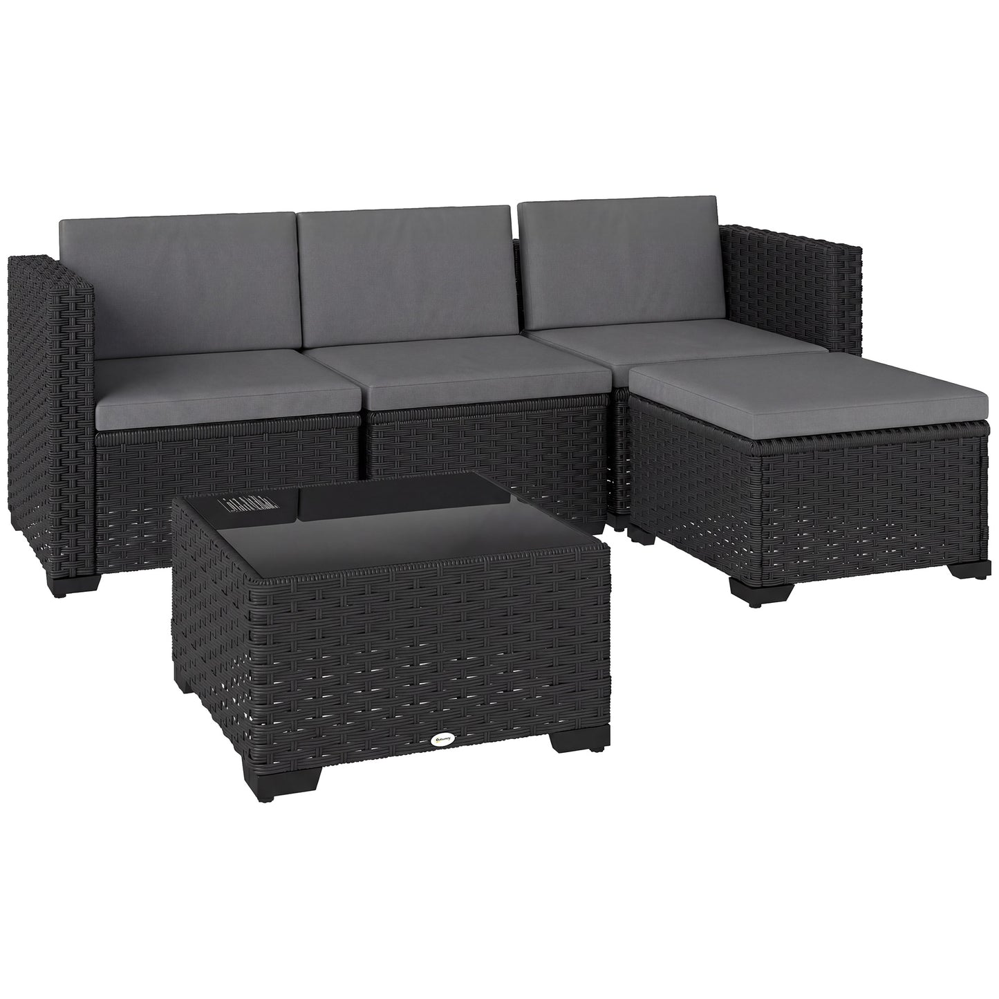 5 Piece Patio Furniture Set, L-Shape Wicker Outdoor Sectional with 3 Chairs, Ottoman, Glass Table, Cushions, Grey