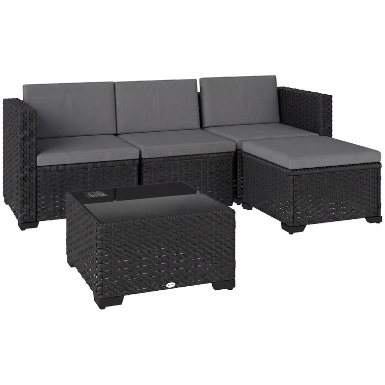 5-Piece L-Shape Wicker Sectional with Ottoman & Glass Table