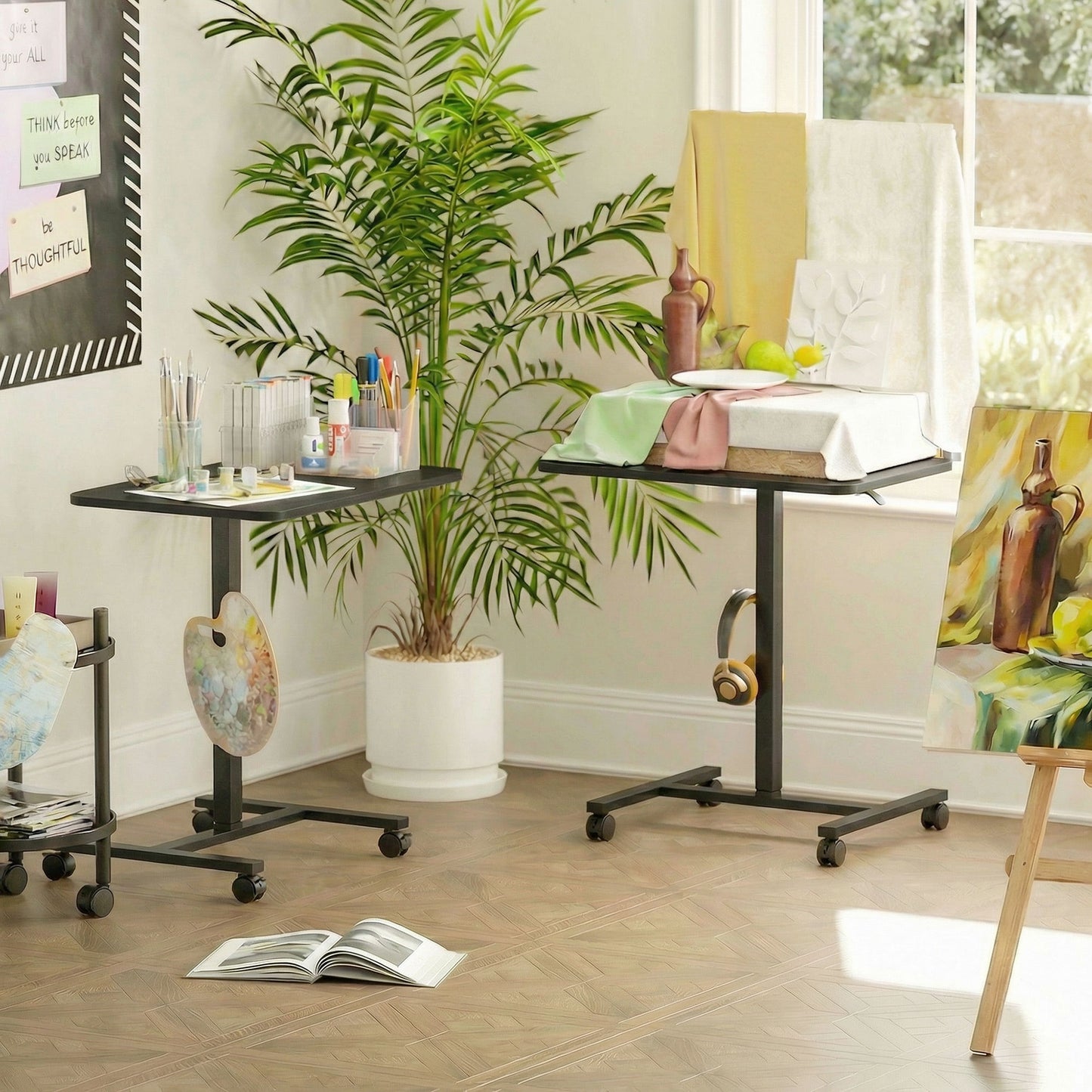 Height Adjustable Standing Desk, Pneumatic Sit Stand Desk with Wheels and Headphone Hook, Black Wood Grain
