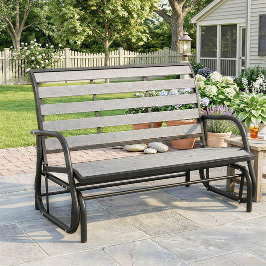 2 Person Outdoor Glider Bench, Patio Glider Loveseat with Faux Wood Slatted Seat and Back, Steel Frame, Grey